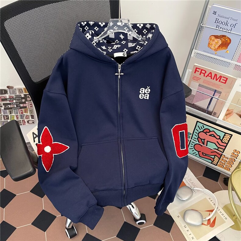 高街水洗做旧卫衣男女春秋026新款春秋款宽松连帽开衫拉链外套,女装短外套,星座601-1
