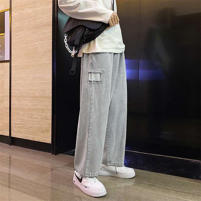 K716-P55秋季港风大码松紧破洞牛仔裤男直筒老爹裤拖地裤,男装牛仔裤,电商B369（原A024）
