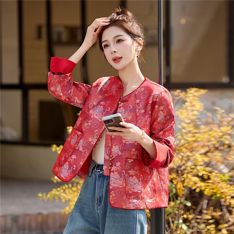 现货麒麟葫芦招财提花新中式巨好看百搭春秋短款女通勤聚会外套,女装短外套,木橙西子