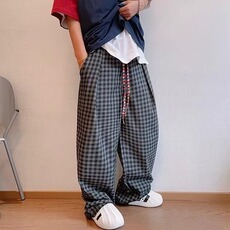 2025复古彩色飘带格子加绒休闲裤子男春秋新款bf慵懒风宽松阔腿裤，男装卫衣，星座506A