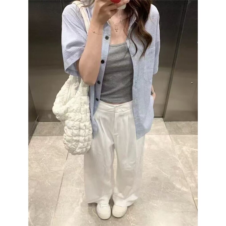 淡人系通勤穿搭衬衣女款2025新款超好看正肩蓝色条纹短袖衬衫,男装T恤,星座506A