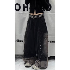 美式高街黑色解构工装牛仔裤女多口袋工装阔腿拖地裤B396-P72，男装牛仔裤，星座1001-1
