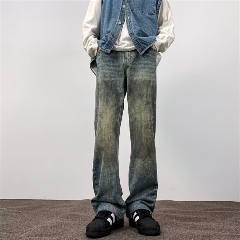 复古牛仔裤男高街vibe痞帅秋冬宽松百搭阔腿毛边微喇裤RK2170-P53,男装牛仔裤,星座412-2