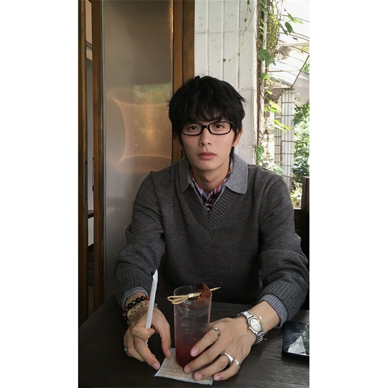 重磅北极绒假两件衬衫领毛衣美式高街复古休闲慵懒纯色翻领针织衫,男装针织衫/毛衣,电商A486-1