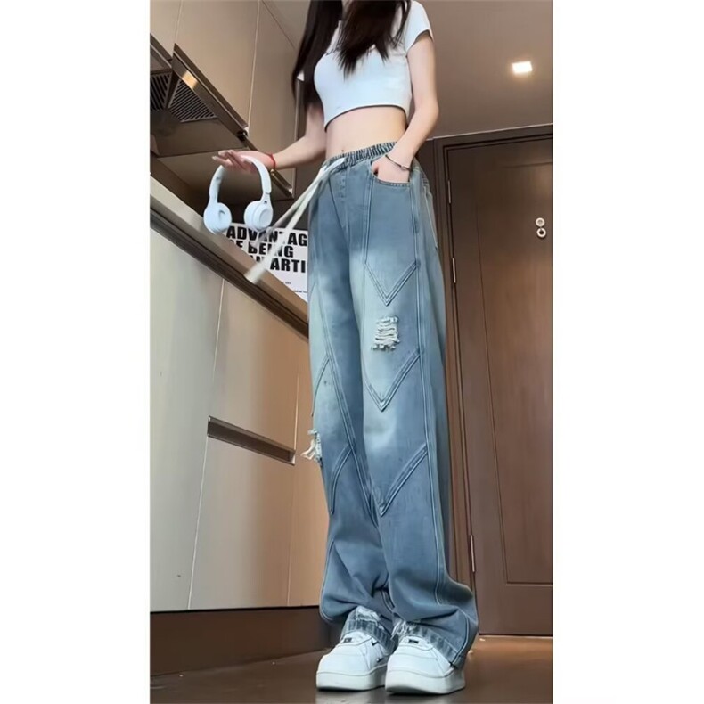 潮流直筒解构破洞牛仔裤女高街夏天薄款老爹长裤子NC7042,男装牛仔裤,星座1116A（原606A-3）