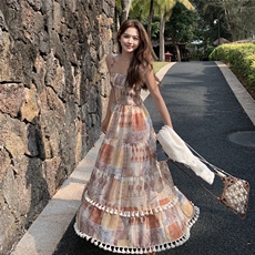 2025夏季新款长袖开衫印花吊带裙两件套潮复古民族风连衣裙套装女，女装套装/套裙，2C299