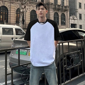 抖音得物高品质二开240克宽松纯棉美式潮牌插肩袖拼接短袖T恤图片