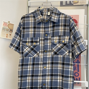 夏款男短袖衬衫工装大口袋格子拼色五分袖衬衣CS058 P40图片