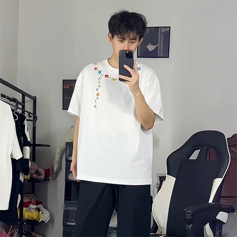 万针全刺绣工艺抖音得物高品质260克重磅纯棉双纱美式高街短袖T恤,男装T恤,电商A486