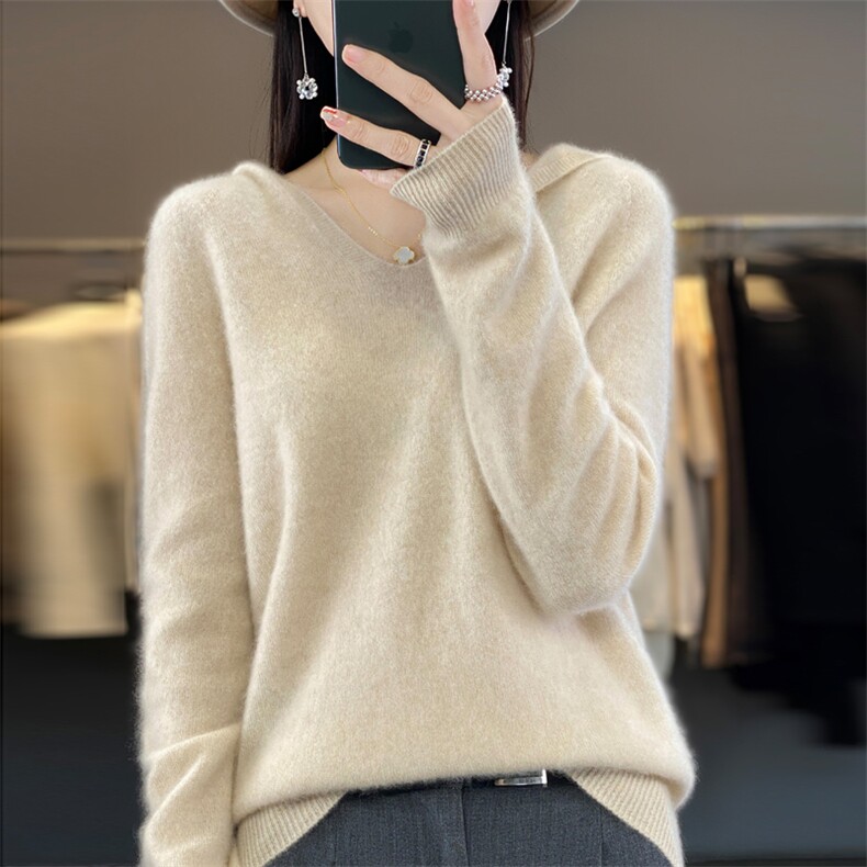 2025新款连帽女V领带帽毛衣宽松卫衣针织打底帽衫,女装羊毛衫,大美人高端店