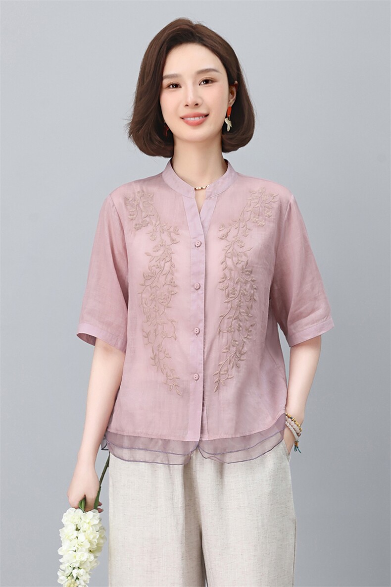 苎麻刺绣女夏2025新款宽松中年妈妈减龄天丝亚麻阔腿裤,女装衬衫,忆绮罗