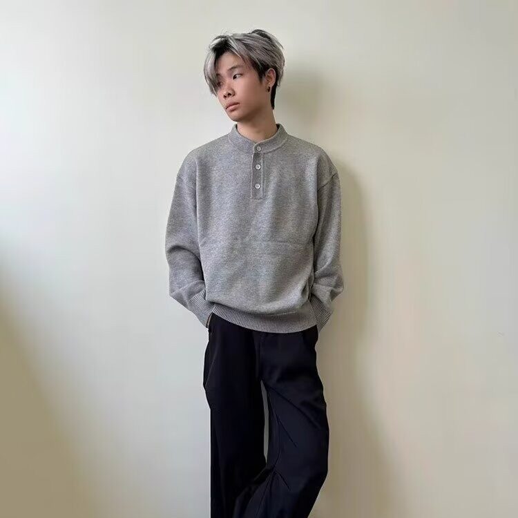 B173-P63灰色亨利领美式高街毛衣男款秋冬新款高级感慵懒风,男装针织衫/毛衣,电商B323A