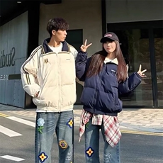 2025冬美式徽章拼接撞色保暖棉服外套冬季情侣休闲加厚面包服棉衣，男装棉衣，星座1210-1