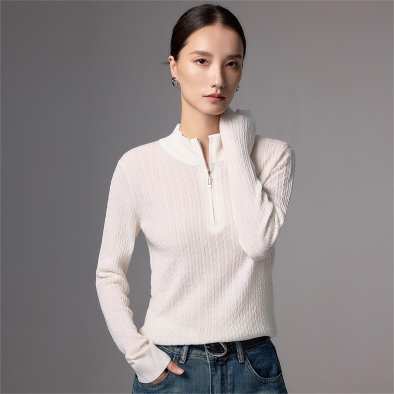 老钱风半拉链100纯羊毛针织衫女法式高端精纺灰色毛衣通勤打底衫，女装羊毛衫，蚂蚁派对工厂直营店