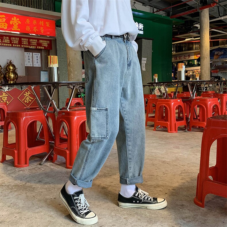 2021夏季港风街拍做旧新休闲大口袋九分裤牛仔裤男N8019-P50,男装牛仔裤,电商A001