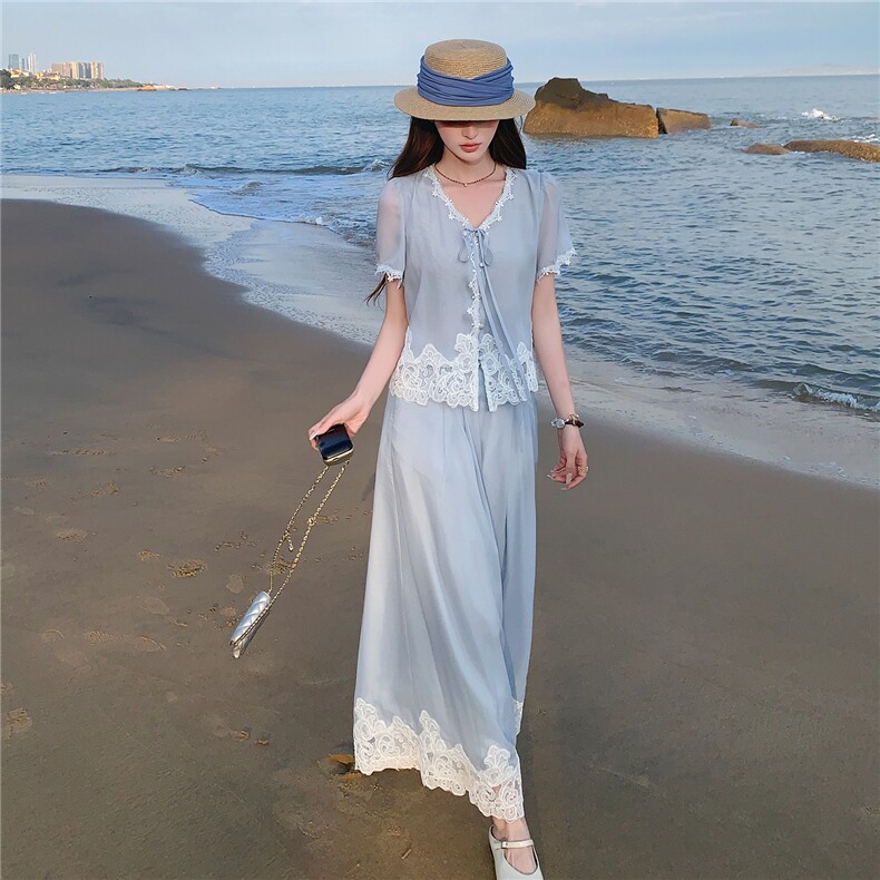 法式气质蕾丝拼接套装女2026夏季新款高级感时髦洋气阔腿裤两件套,女装套装/套裙,衣秀之家