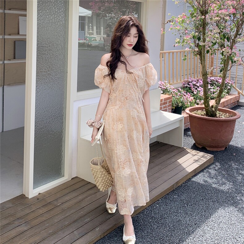 粉色重工刺绣泡泡袖连衣裙女夏新款温柔风超仙绝美显瘦仙女裙长裙,女装连衣裙,2C307