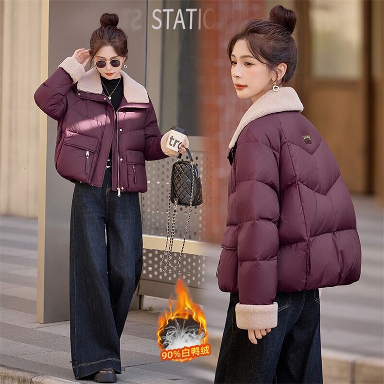 90绒。三年不下架。时尚羊羔毛拼接翻领短款羽绒服外套,女装羽绒服,E百度