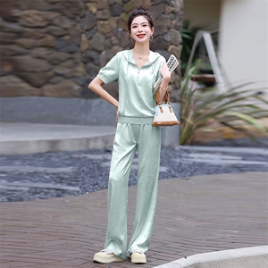 时尚套装女夏2025新款韩版提花冰丝宽松显瘦洋气减龄连帽两件套潮图片