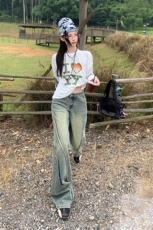 牛仔裤女春夏高腰直筒美式高街水洗黄泥色拼接微喇叭裤YD2121-P65，男装牛仔裤，星座509
