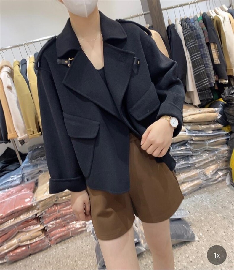 2021秋冬新款高端斜扣双口袋设计感羊毛双面呢外套,女装其它,L·H·X