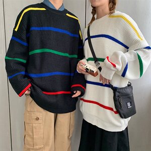 秋冬情侣条纹宽松毛衣韩版潮流男女加厚针织衫T014图片