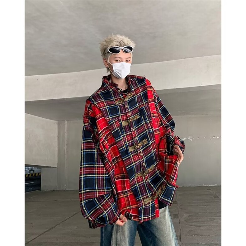潮新中式小众格子衬衫男春季拼接做旧情侣宽松外套潮CJ26,男装衬衫,星座1116A-1（原606A）
