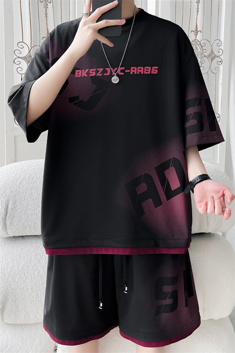 2025夏季新款旋律风车大码假两件冰丝套装M-5XHQ25443-P65,男装休闲套装,电商A022
