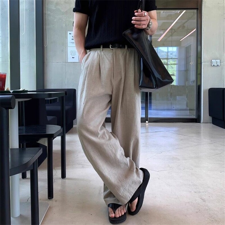 【现货量大价优】亚麻凉感休闲西裤复古宽松直筒阔腿裤K06025P55,男装西裤,星座1004（原星座815-3）