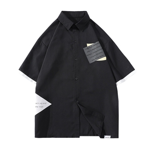 货足7XL-M 2023夏季新款美式假两件短袖衬衫ins潮半袖加肥加大码图片