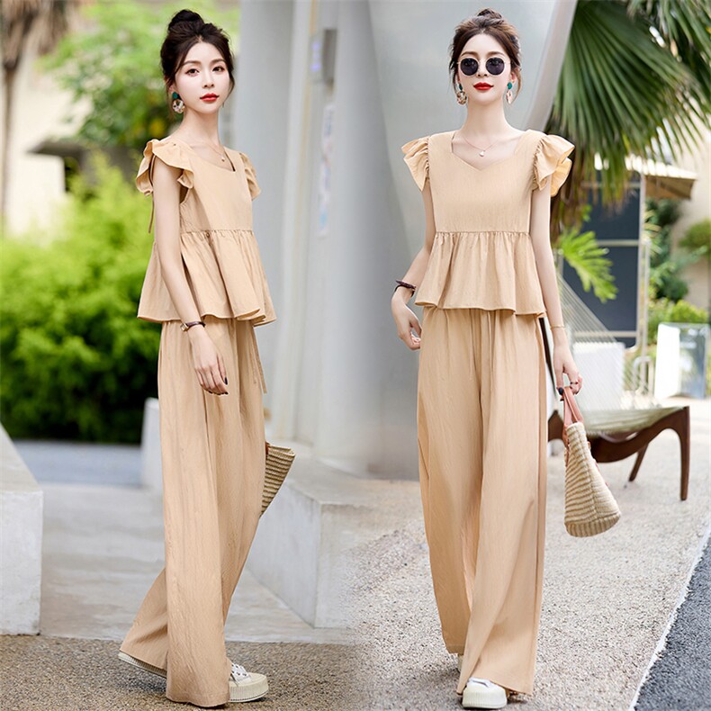 休闲时尚套装女夏季2025新款气质收腰小香风上衣垂感阔腿裤两件套，女装套装/套裙，灵力轩