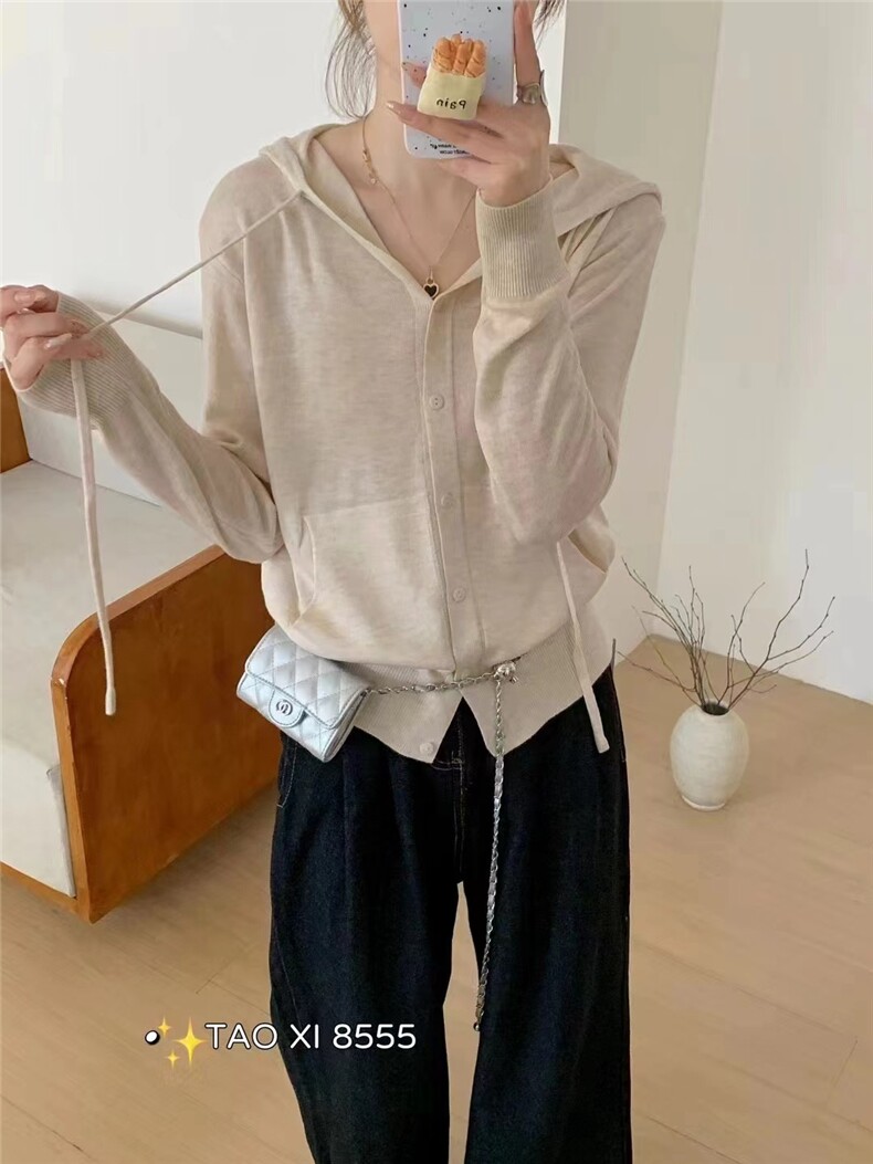 新款韩版修身显瘦粉色羊毛开衫帽衫女长袖外套,针织衫/毛衣,鑫之绒