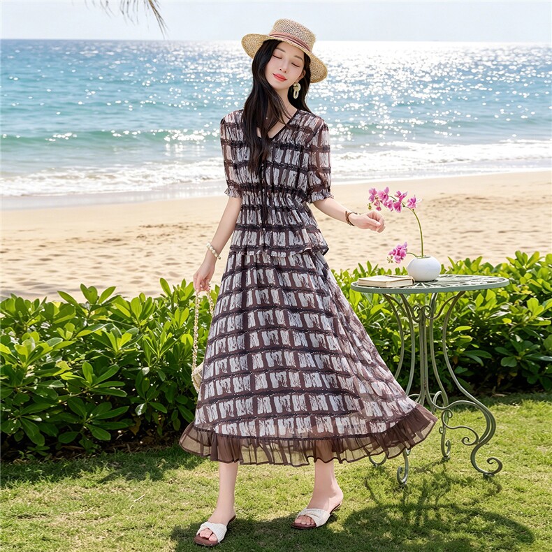 时尚休闲格纹显瘦系带上衣木耳边半裙超仙两件套女,女装套装/套裙,水衣源