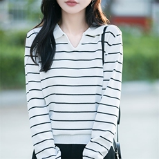 法式条纹polo领长袖针织衫女2025新精仿纯羊毛通勤小衫保暖毛衣，女装针织衫/毛衣，萱芳婷羊绒