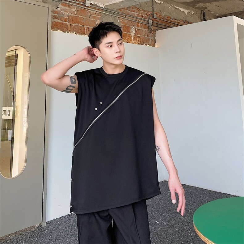 小众解构立体金属设计背心男不规则剪裁无袖T恤宽松A345-277-P75图片