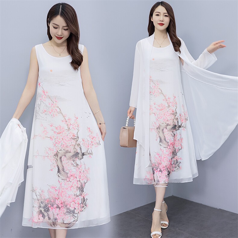 夏季新款优雅印花防晒外披长款连衣裙两件套，女装连衣裙，秀美人生