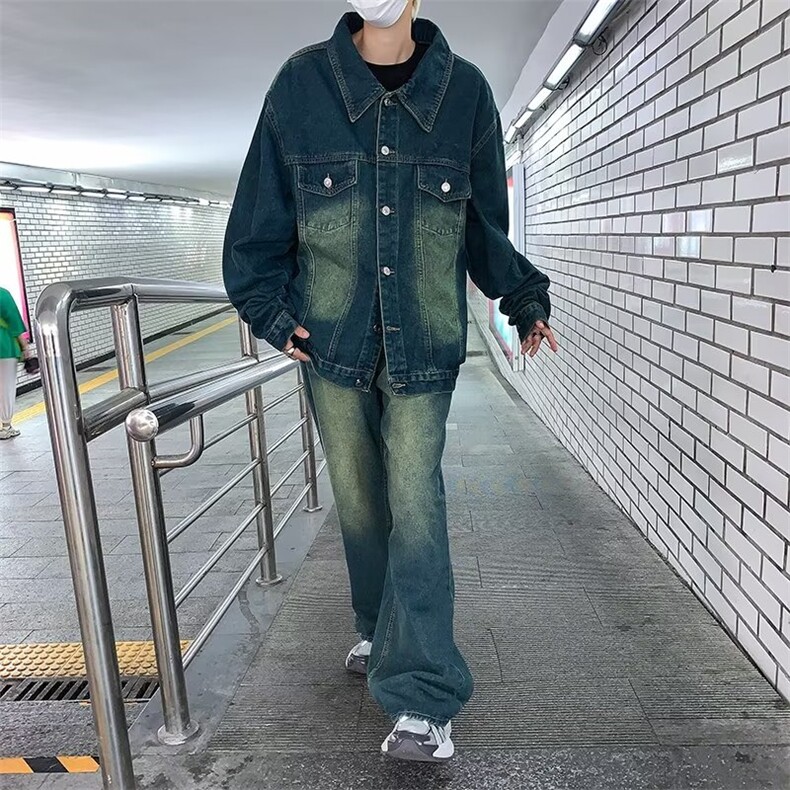 青苔色重工水洗工装牛仔外套秋季日系复古翻领阔版夹克KM815-P55,男装夹克,星座1109-3