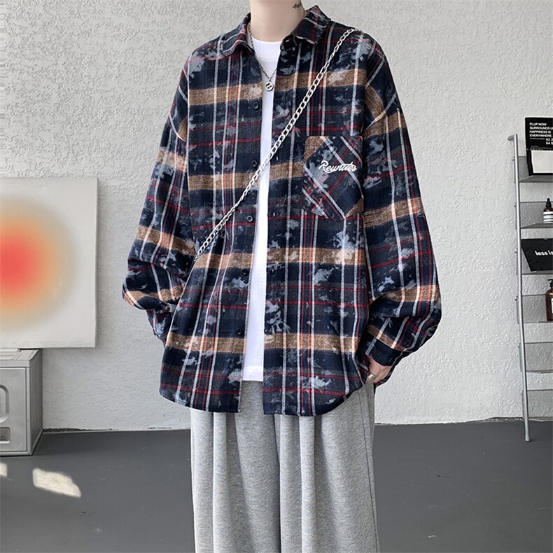 衬衫男秋季新款港风宽松大码格子扎染刺绣长袖衬衣CS3016-P38,男装衬衫,星座214-3
