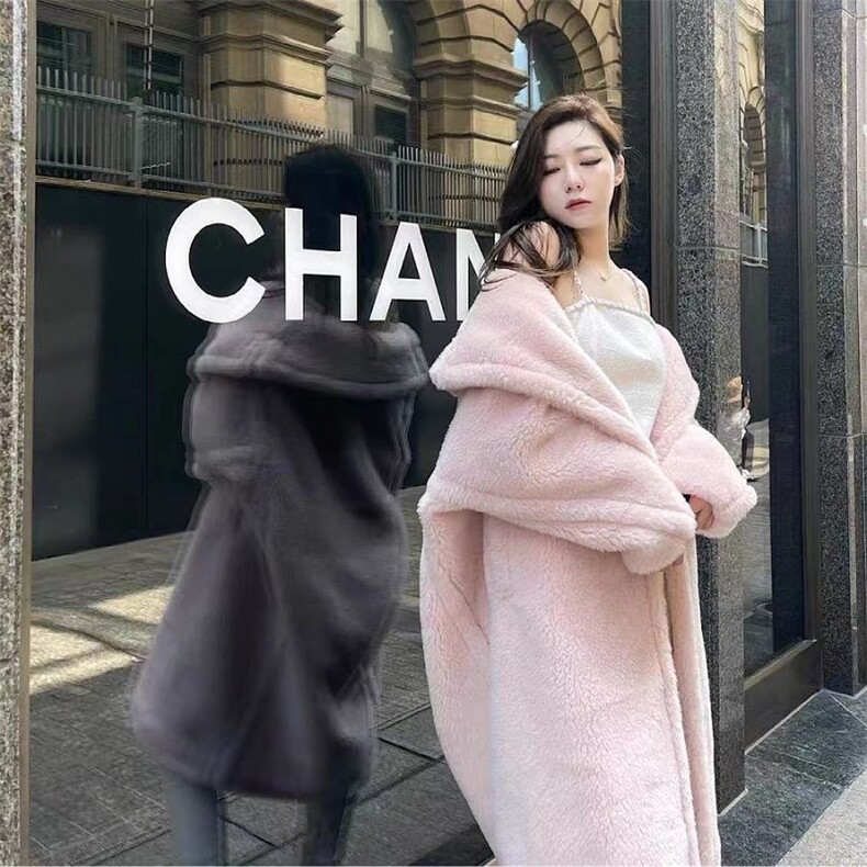 欧美风秋冬新款泰迪熊颗粒羊羔毛中长款大衣羊剪绒仿皮草宽松外套，女装皮草，尚羽泽网红店