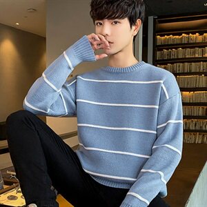 Tim-5778男士圆领条纹潮流宽松毛衣韩版帅气打底衫秋装外套图片