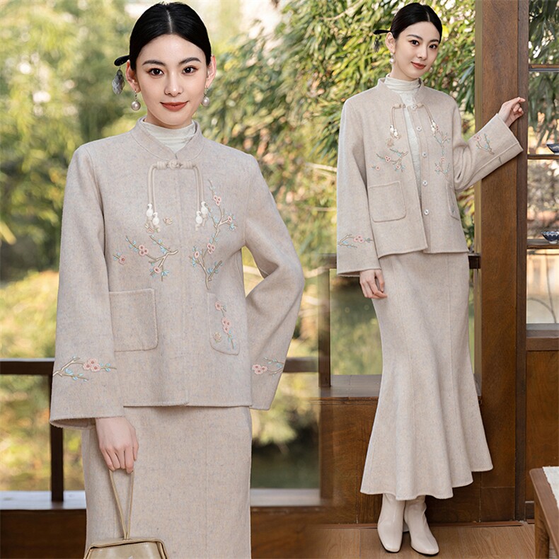 新中式国风改良旗袍套装裙女秋冬新款复古刺绣毛呢外套两件套,女装套装/套裙,芷墨服饰