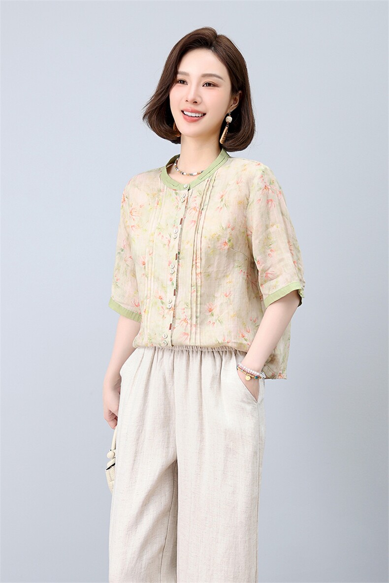 2025夏装新款复古舒适显瘦撞色印花苎麻衬衫轻薄阔腿裤,女装衬衫,凝聚力