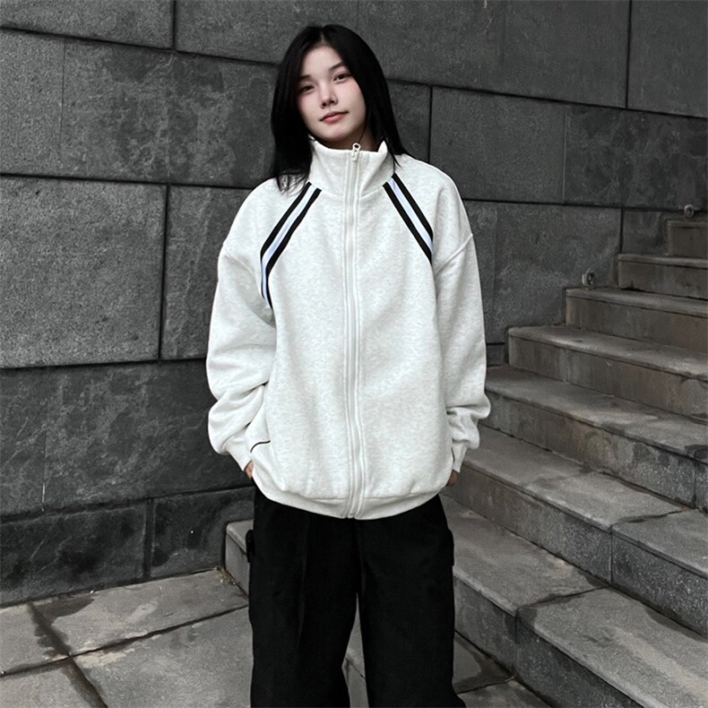 抖音得物高品质二开 25秋冬美式重磅结构织带撞色立领卫衣外套W70图片