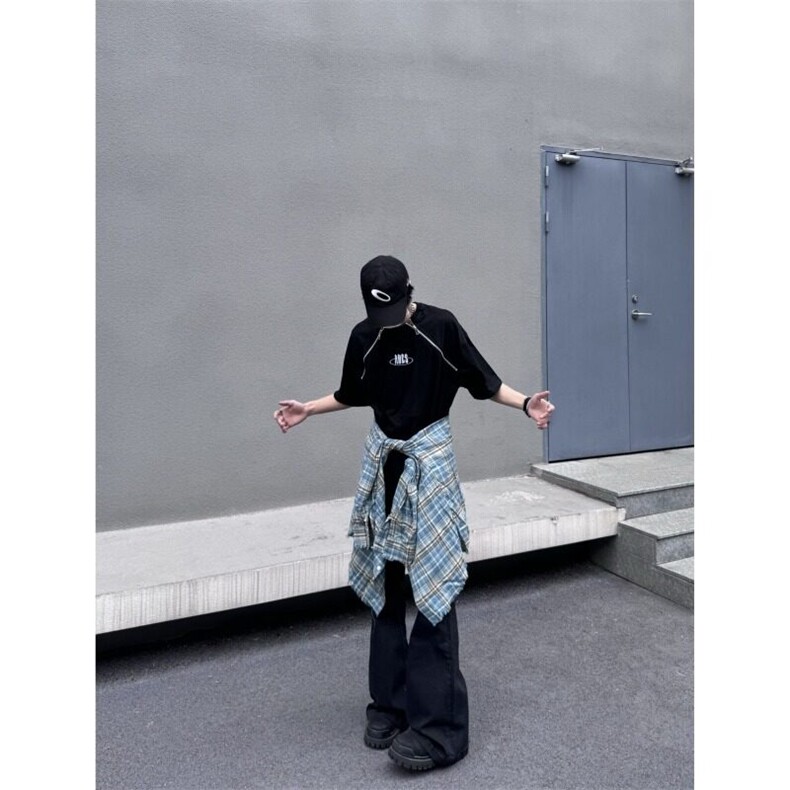 美式高街vibe风长飘带黑色微喇叭潮牌牛仔裤修身显瘦拖地长裤子男,男装牛仔裤,星座506A
