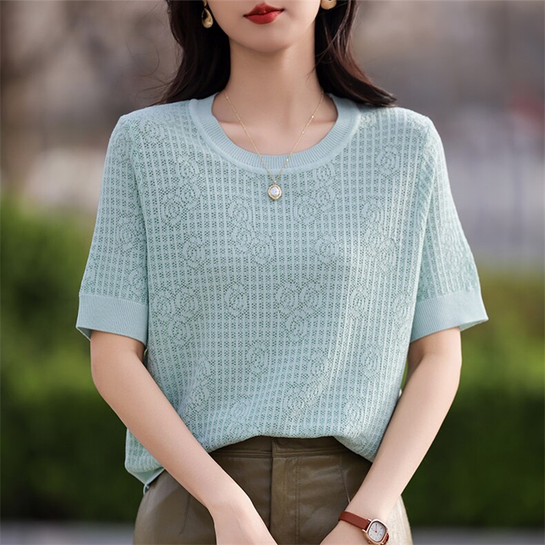 夏季新款时尚气质百搭简约女士圆领镂空玫瑰花短袖,女装T恤,秋虹羊绒