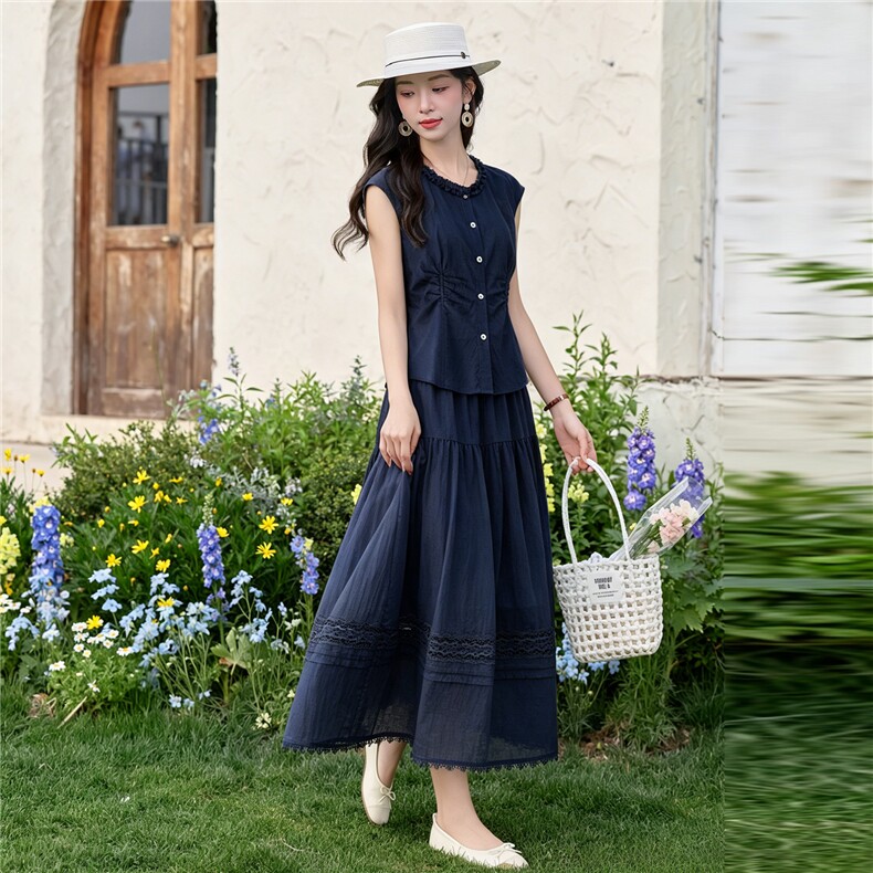 2026夏季新款精梳棉两件套V领短袖+松紧拼接花边半身裙，不挑身材，女装套装/套裙，欧米莱