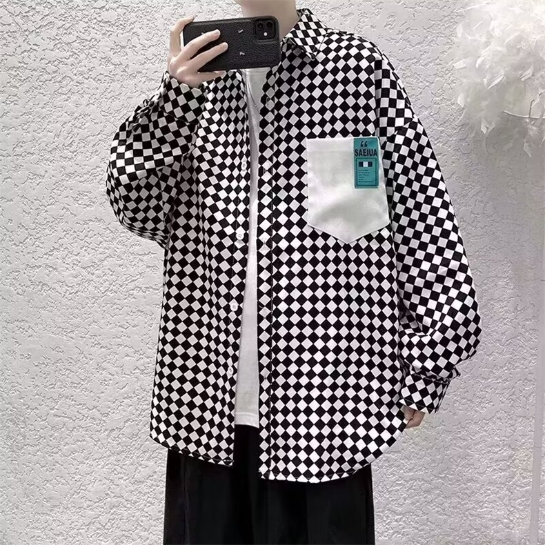 新款千鸟格衬衫男士高级感潮牌韩版上衣2025新款春秋款潮,男装衬衫,星座1210-1