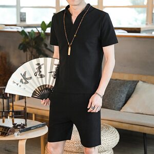 DY22*2021夏季男士棉麻短袖T恤套装大短裤两件套装男 灰蓝 * P38图片