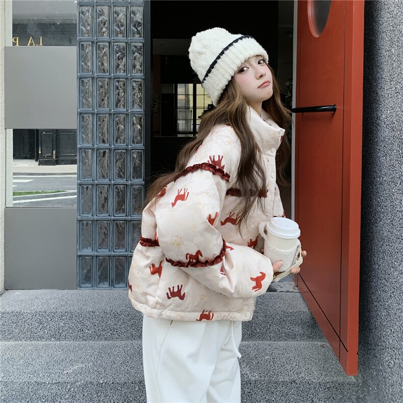 马上有钱羽绒服女冬新年战袍外套红色小马撞色2025年冬季新款刺绣,女装羽绒服,艾米莉亚