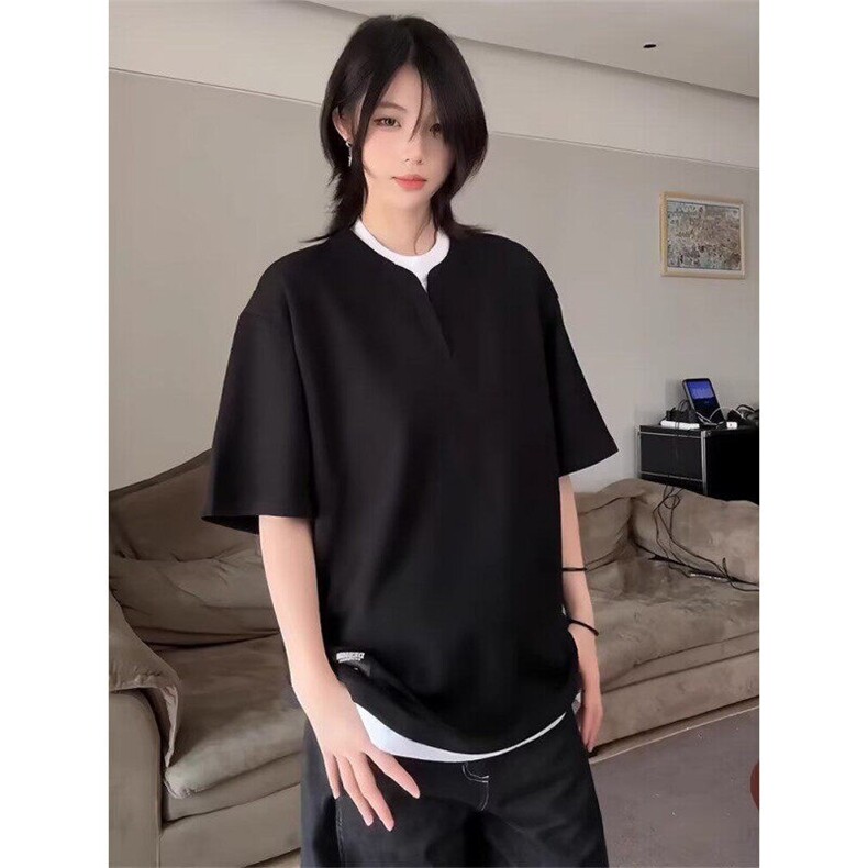 网络图现货新款男士亨利领半袖情侣假两件宽松体恤RL15-P38图片
